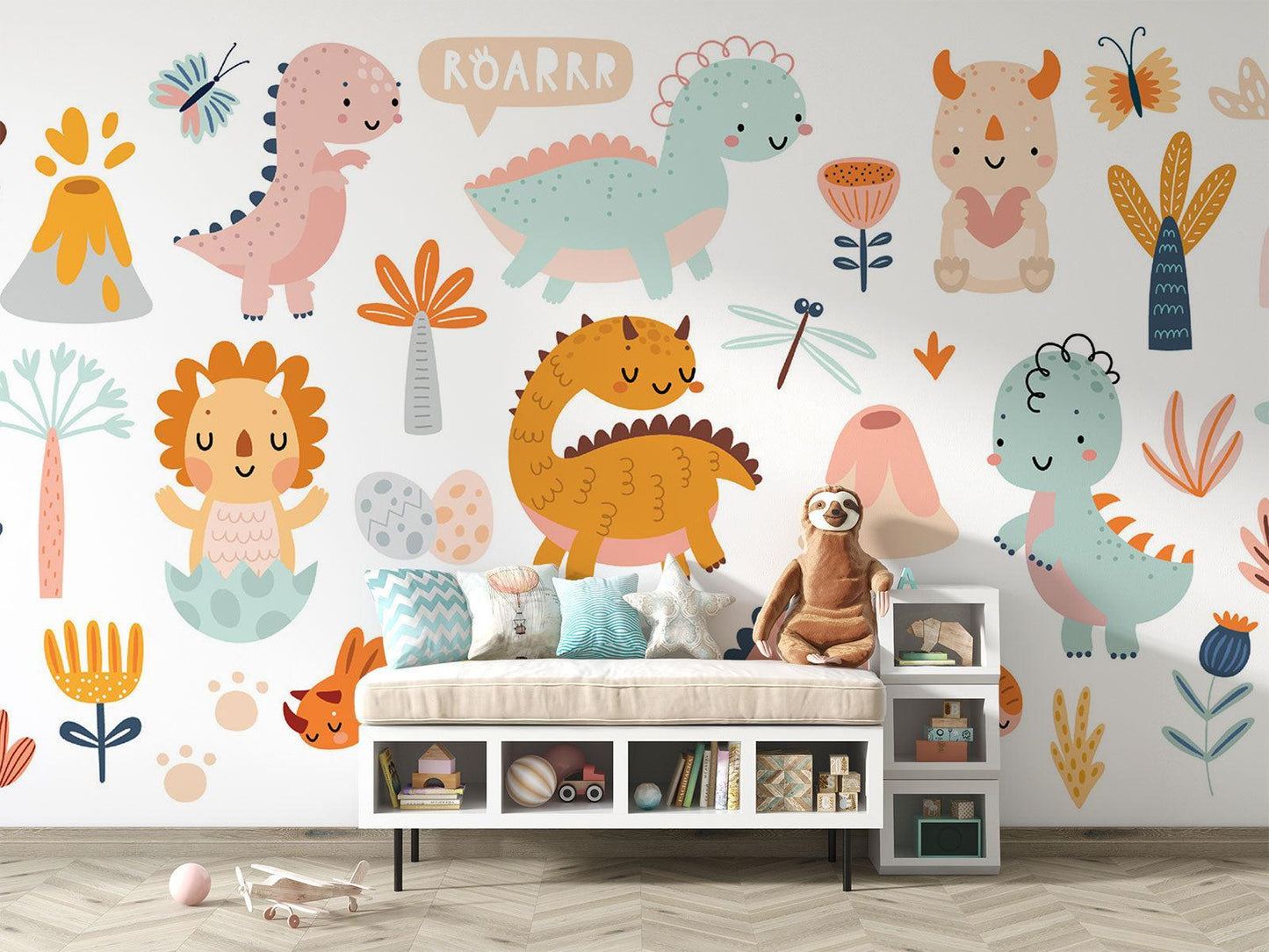 Papier Peint Dinosaure Fresque Pastel avec Motifs Nature Autocollant