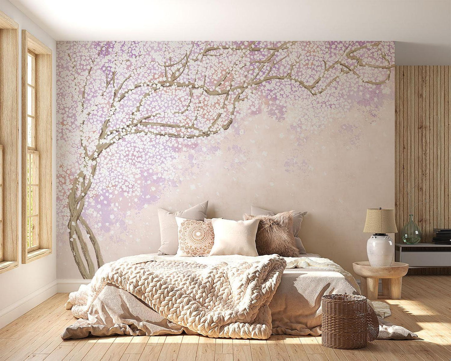 Papier Peint Cerisier Japonais Branches de Sakura Rose et Lavande Autocollant