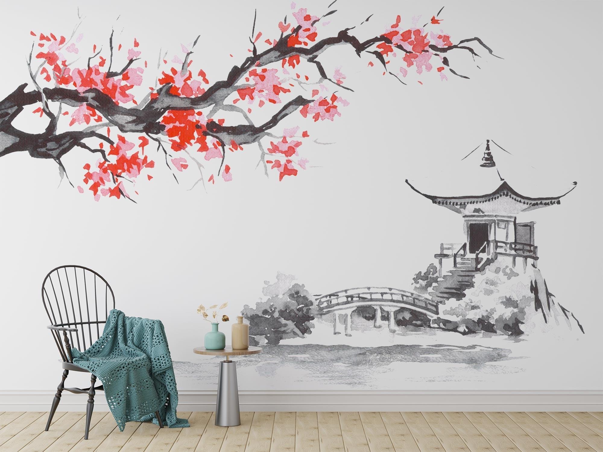 Papier Peint Japonais Cerisiers en Fleurs et Temple Traditionnel Autocollant