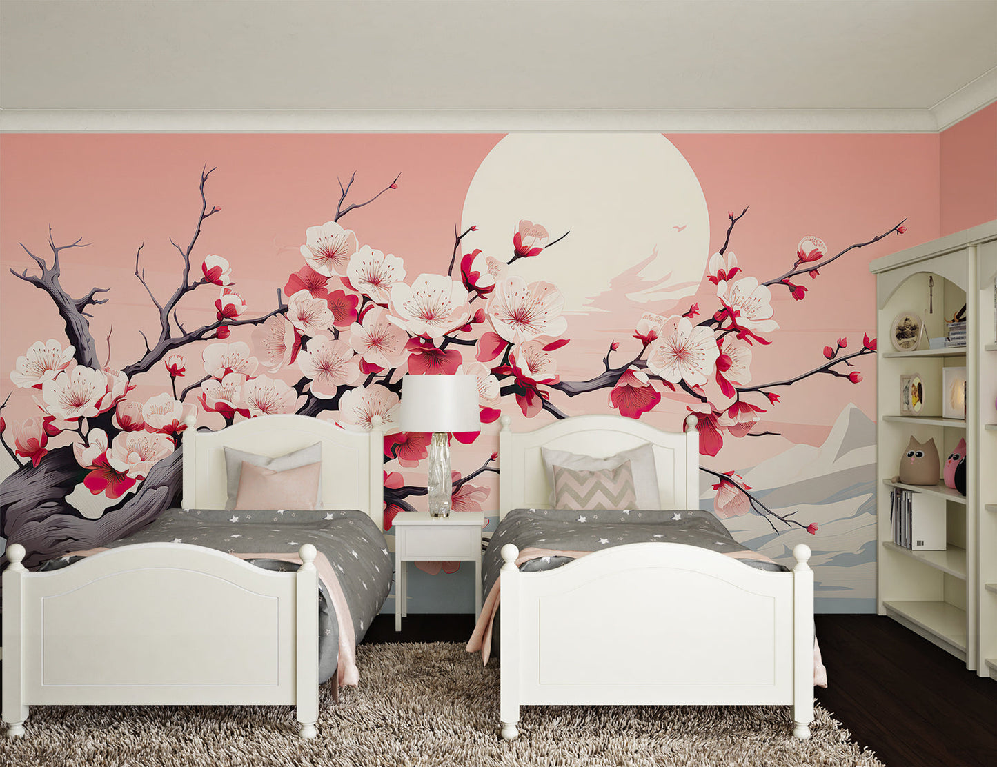 Papier Peint Japonais Cerisiers en Fleurs et Pleine Lune Rose Autocollant