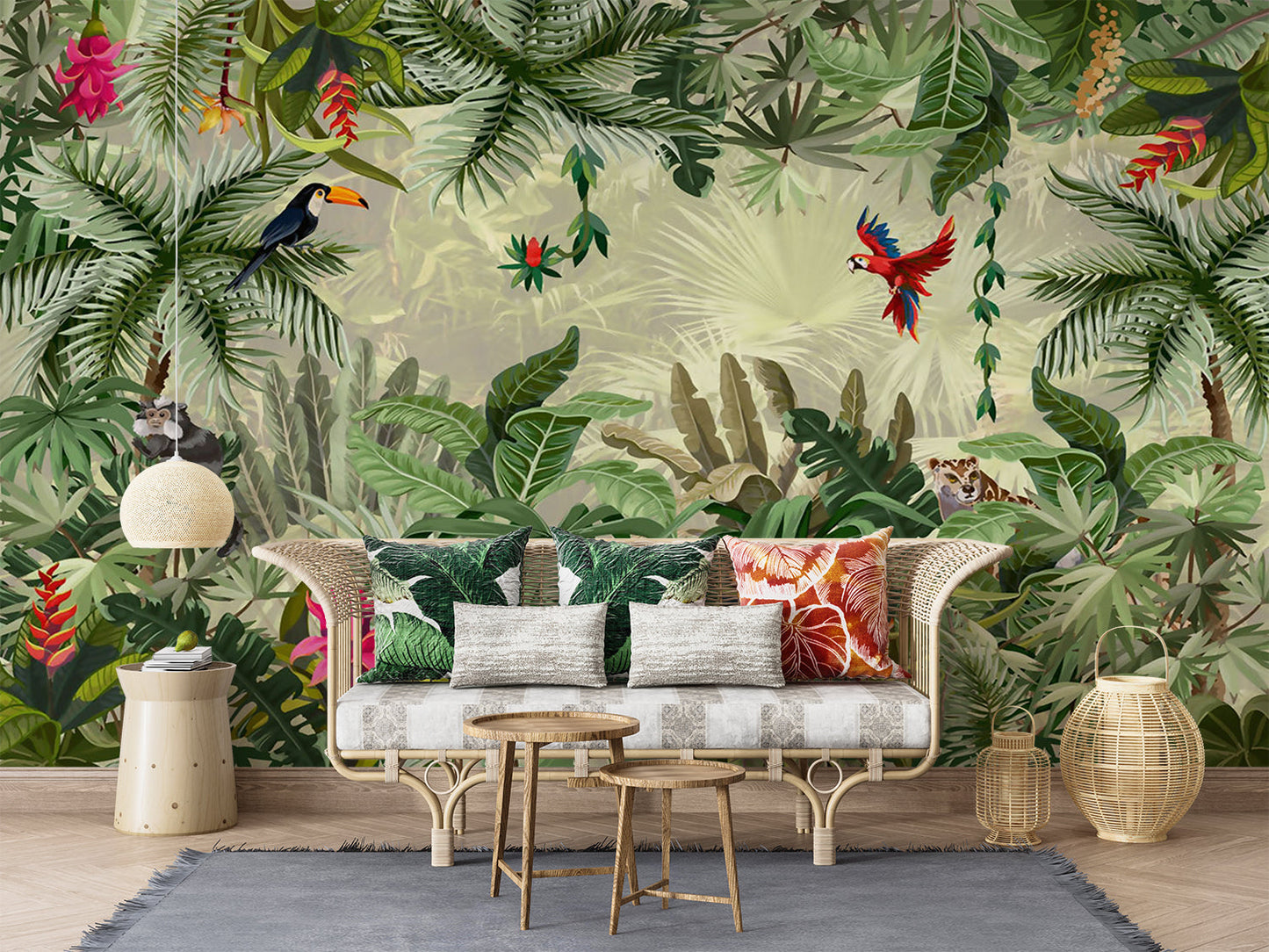 Papier Peint Jungle Tropicale Oiseaux Exotiques et Fleurs Sauvages Autocollant