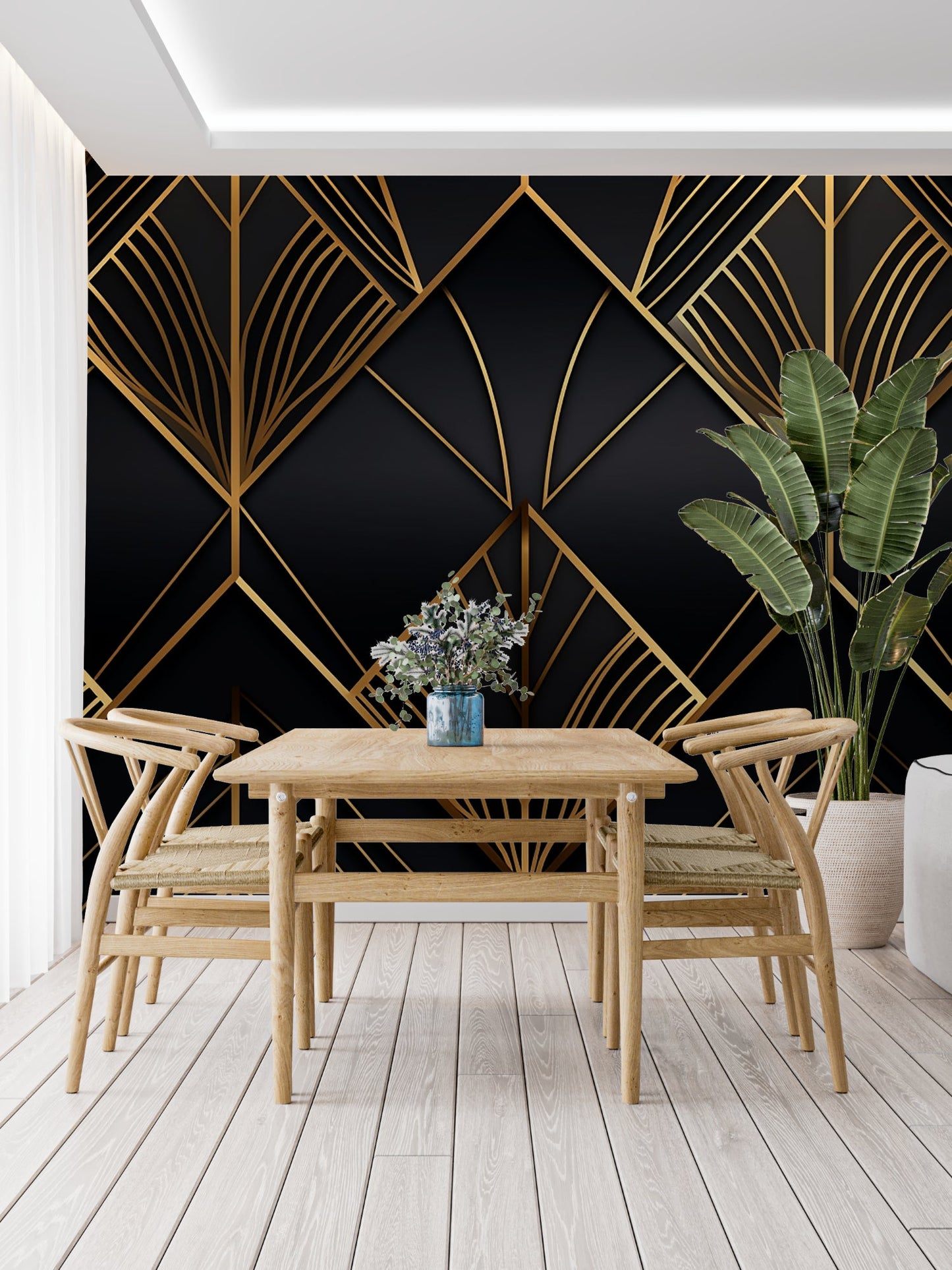 Papier Peint Art Déco Motif Géométrique Noir et Doré Autocollant