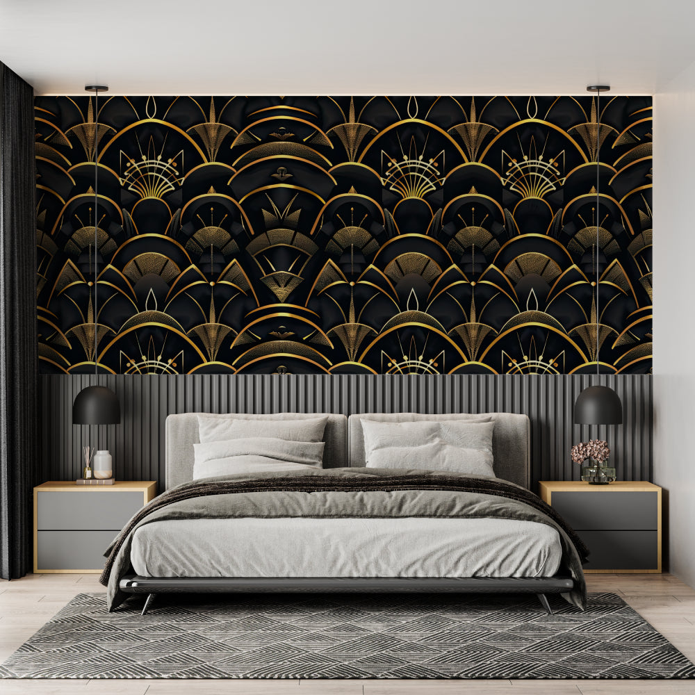 Papier Peint Art Déco Motif Géométrique Noir et Doré Autocollant