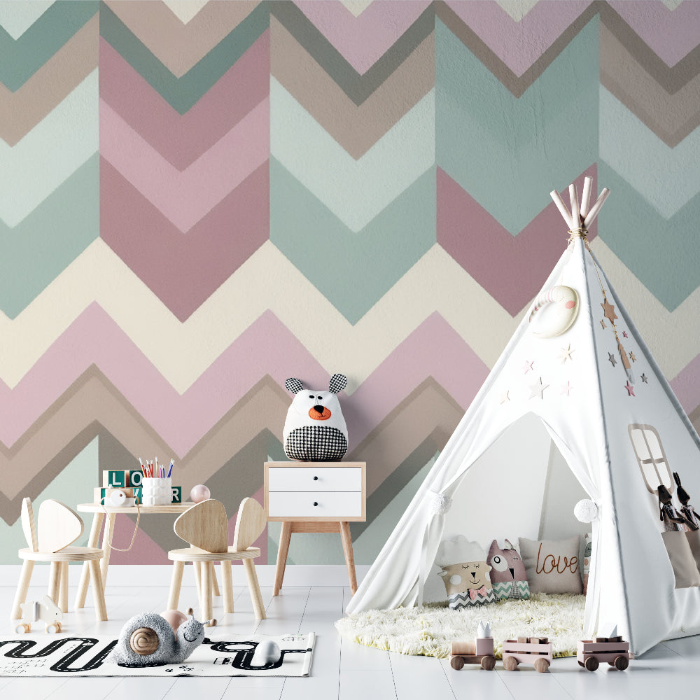 Papier Peint Géométrique Chevrons Pastel Rose et Vert Sauge Autocollant