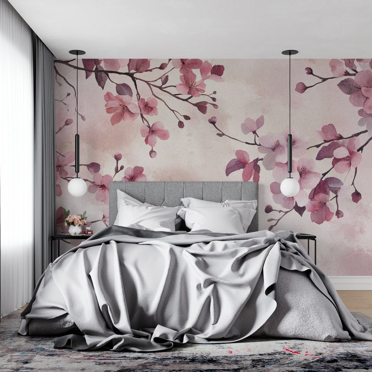 Papier Peint Fleurs de Cerisier Aquarelle Japonaise Rose et Mauve Autocollant