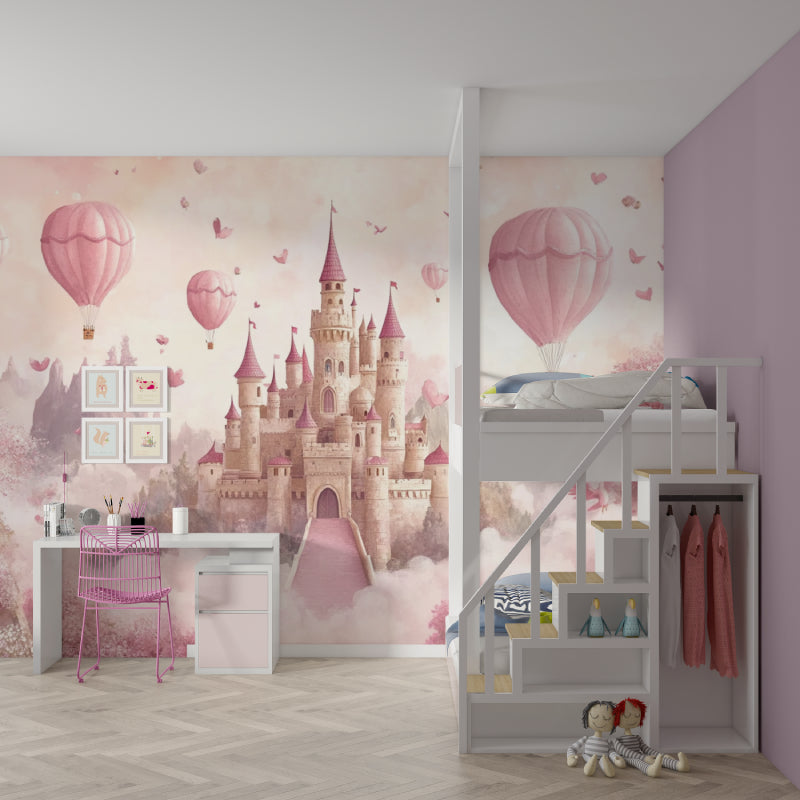 Papier Peint Château de Princesse Montgolfières Roses et Papillons Enchantés Autocollant
