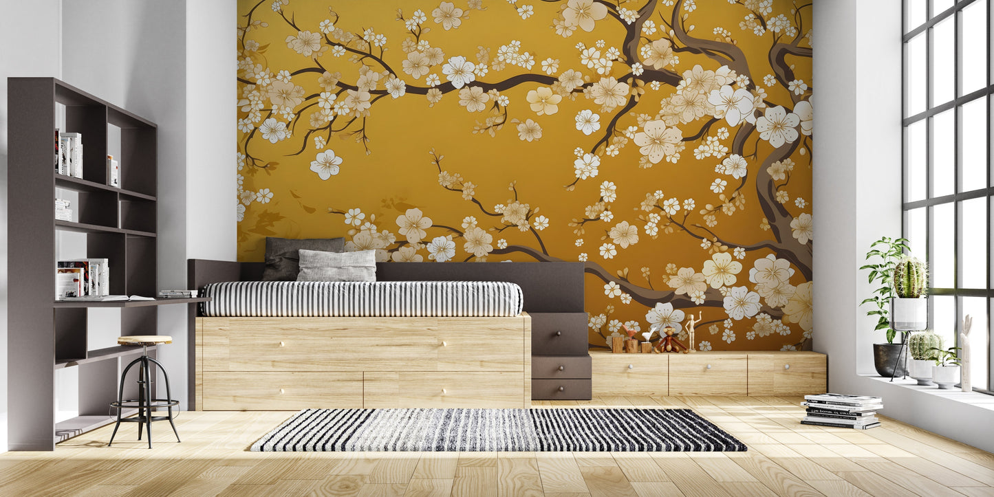 Papier Peint Japonais Fleurs de Cerisier sur Fond Doré Autocollant
