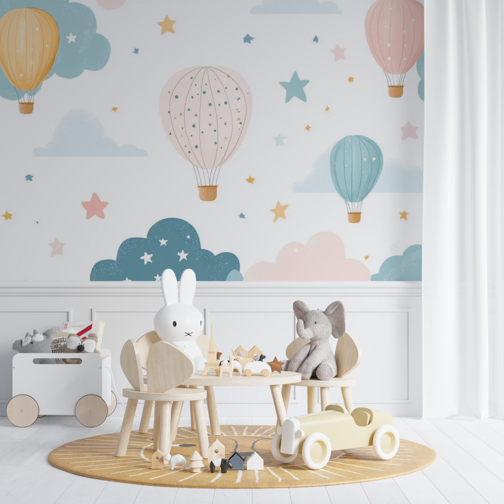 Papier Peint Montgolfière Ciel Pastel avec Étoiles et Nuages Autocollant