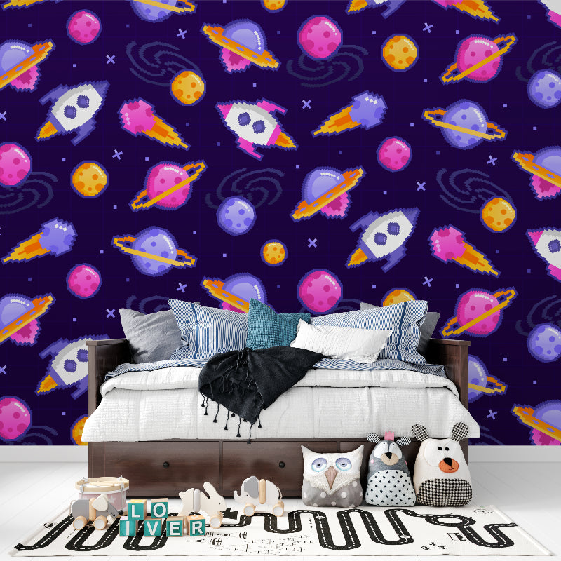 Papier Peint Espace Fusées et Planètes Style Pixel Art Autocollant