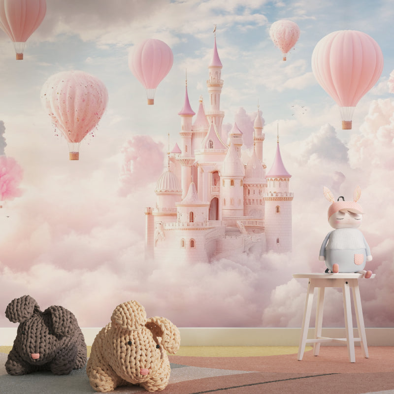 Papier Peint Château de Princesse Montgolfières Roses dans les Nuages Autocollant