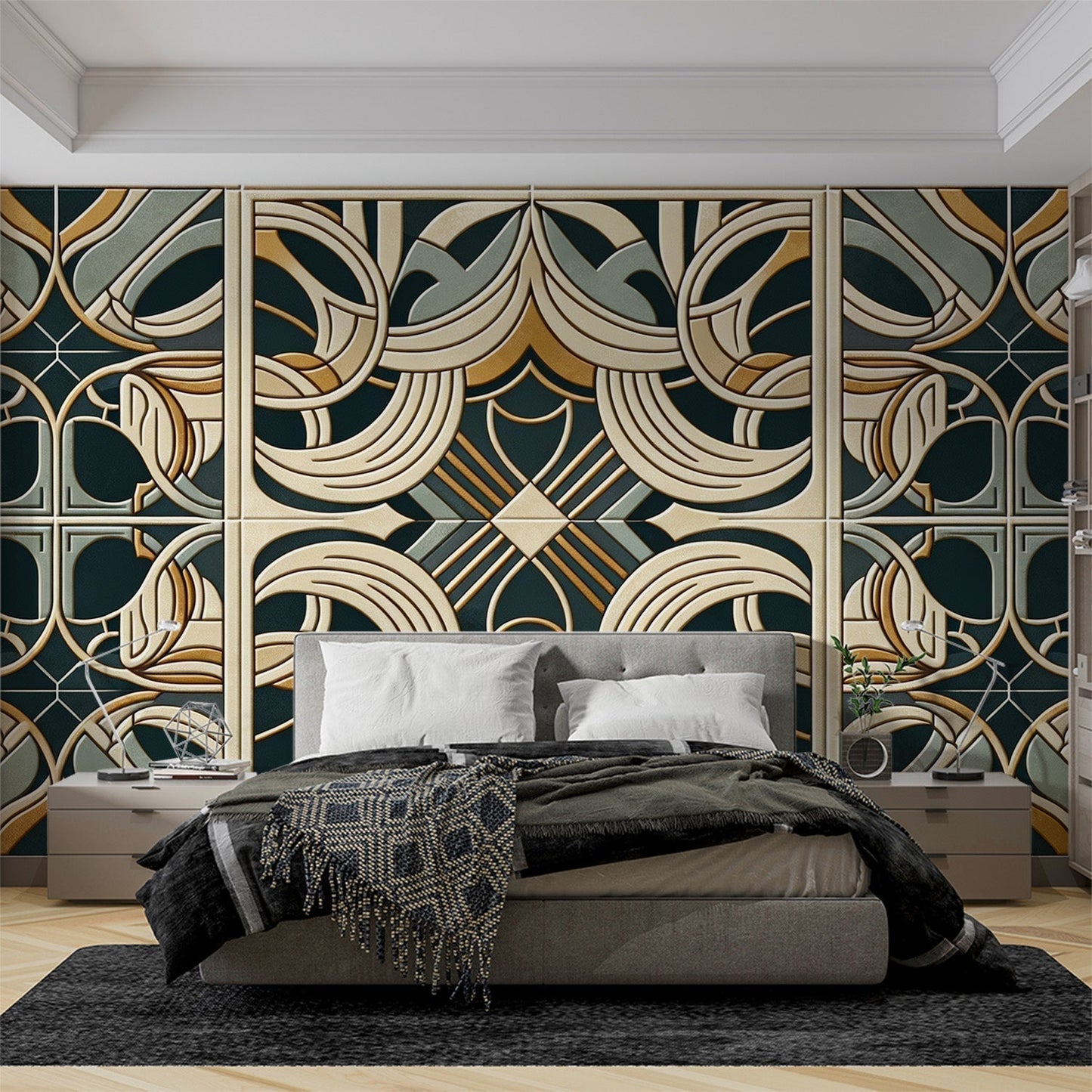 Papier Peint Art Déco Motif Géométrique Vert et Doré Autocollant