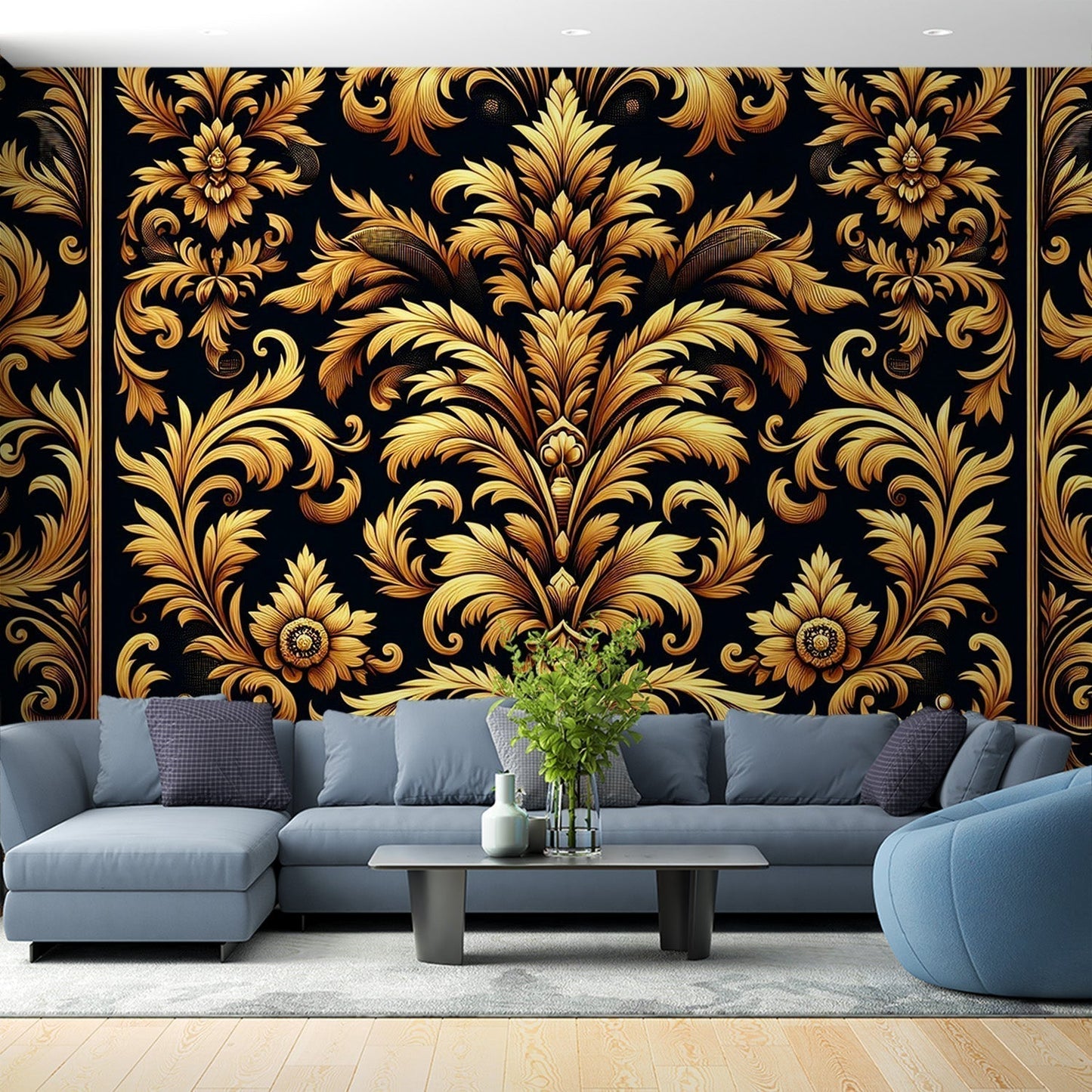Papier Peint Art Déco Motif Damassé Noir et Or Royal Autocollant