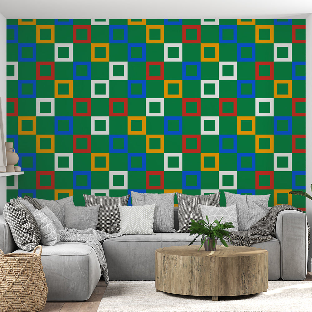 Papier Peint Géométrique Motif Carré Multicolore sur Fond Vert Autocollant