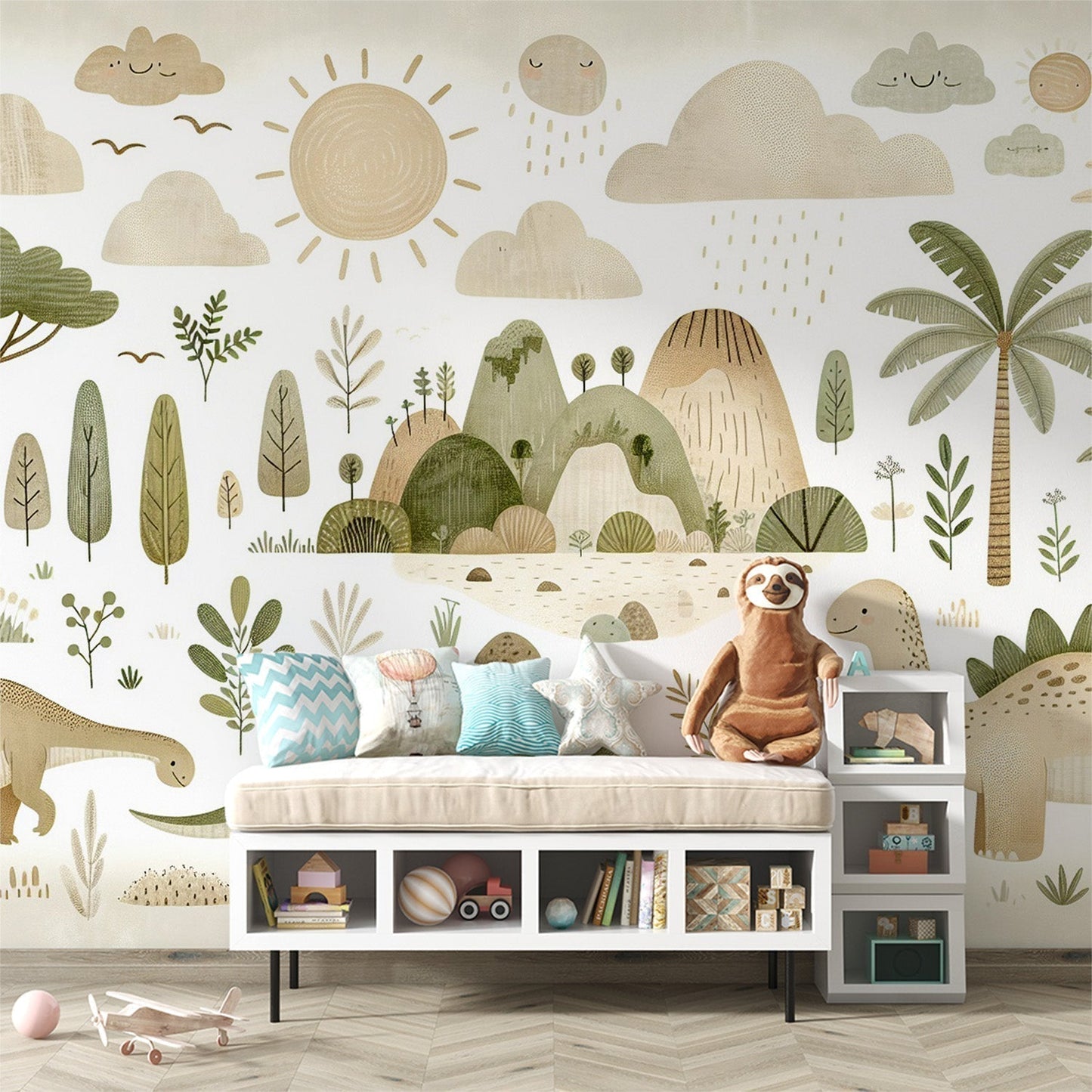 Papier Peint Dinosaure Paysage Nature Douce avec Montagnes et Palmiers Autocollant