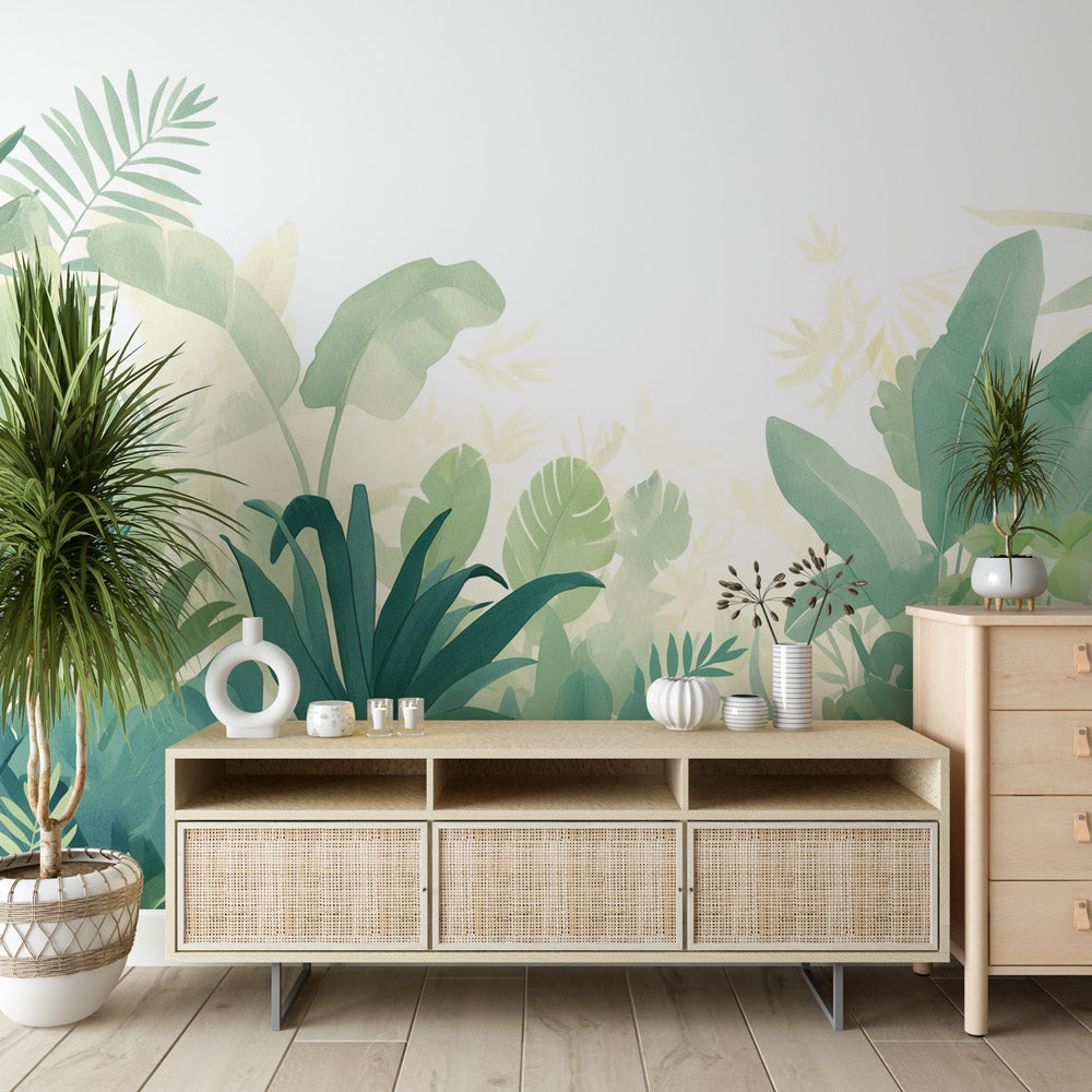 Papier Peint Jungle Feuillage Tropical Aquarelle Vert Sauge Autocollant