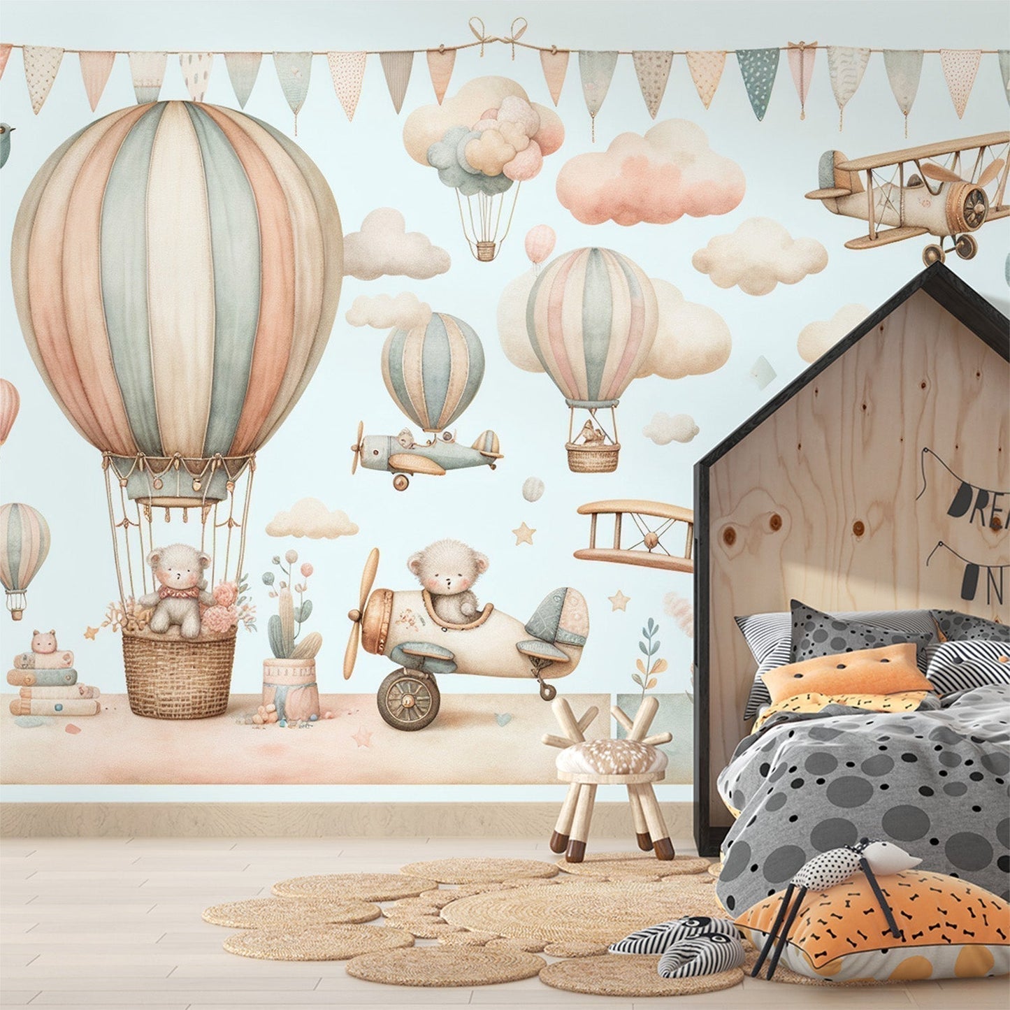 Papier Peint Montgolfière Voyage Aérien avec Oursons en Aquarelle Autocollant