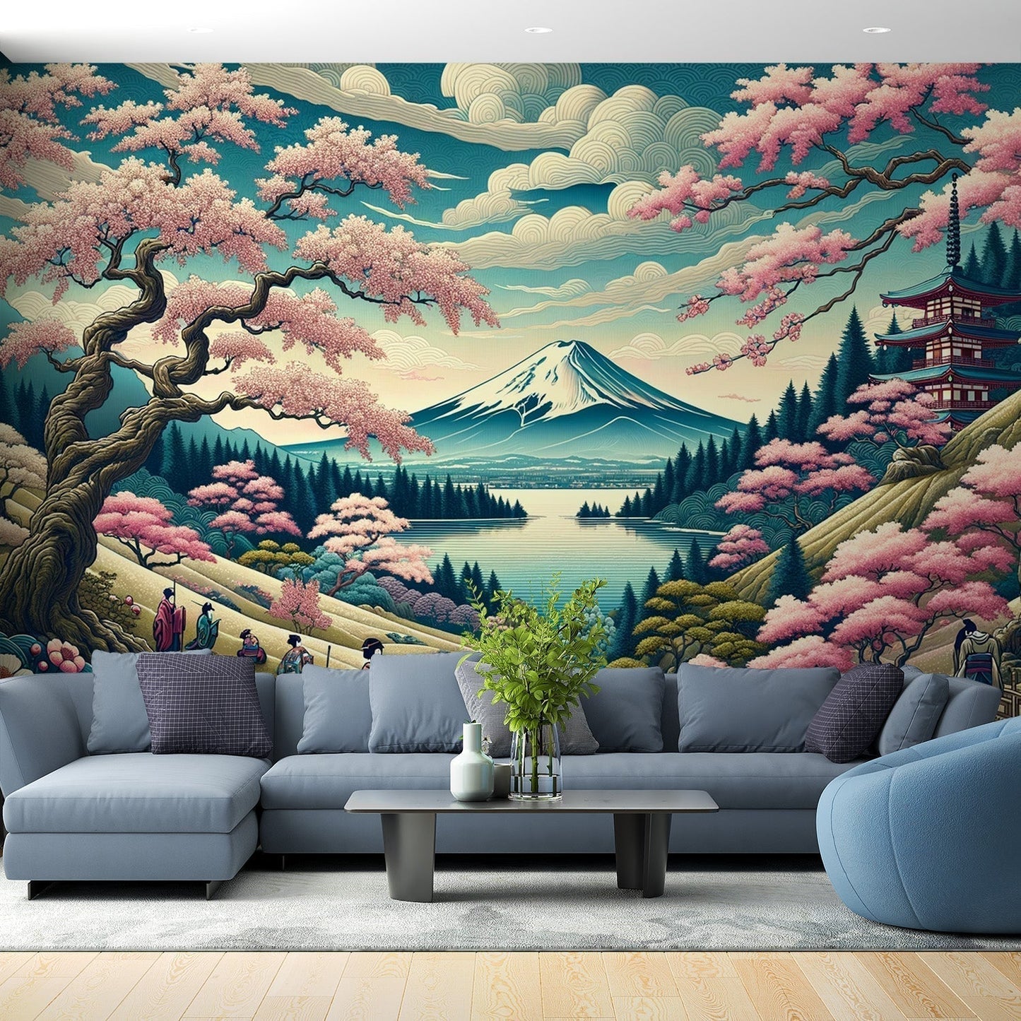 Papier Peint Japonais Mont Fuji et Cerisiers en Fleurs Autocollant