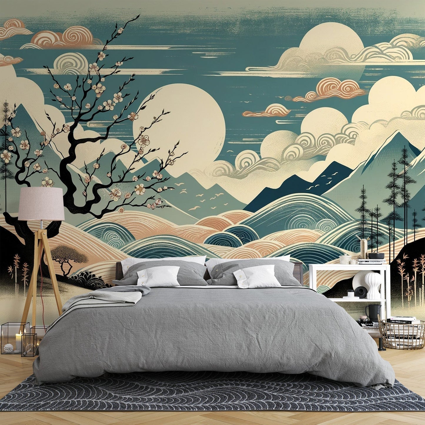 Papier Peint Japonais Paysage Montagne et Cerisier en Fleurs Autocollant