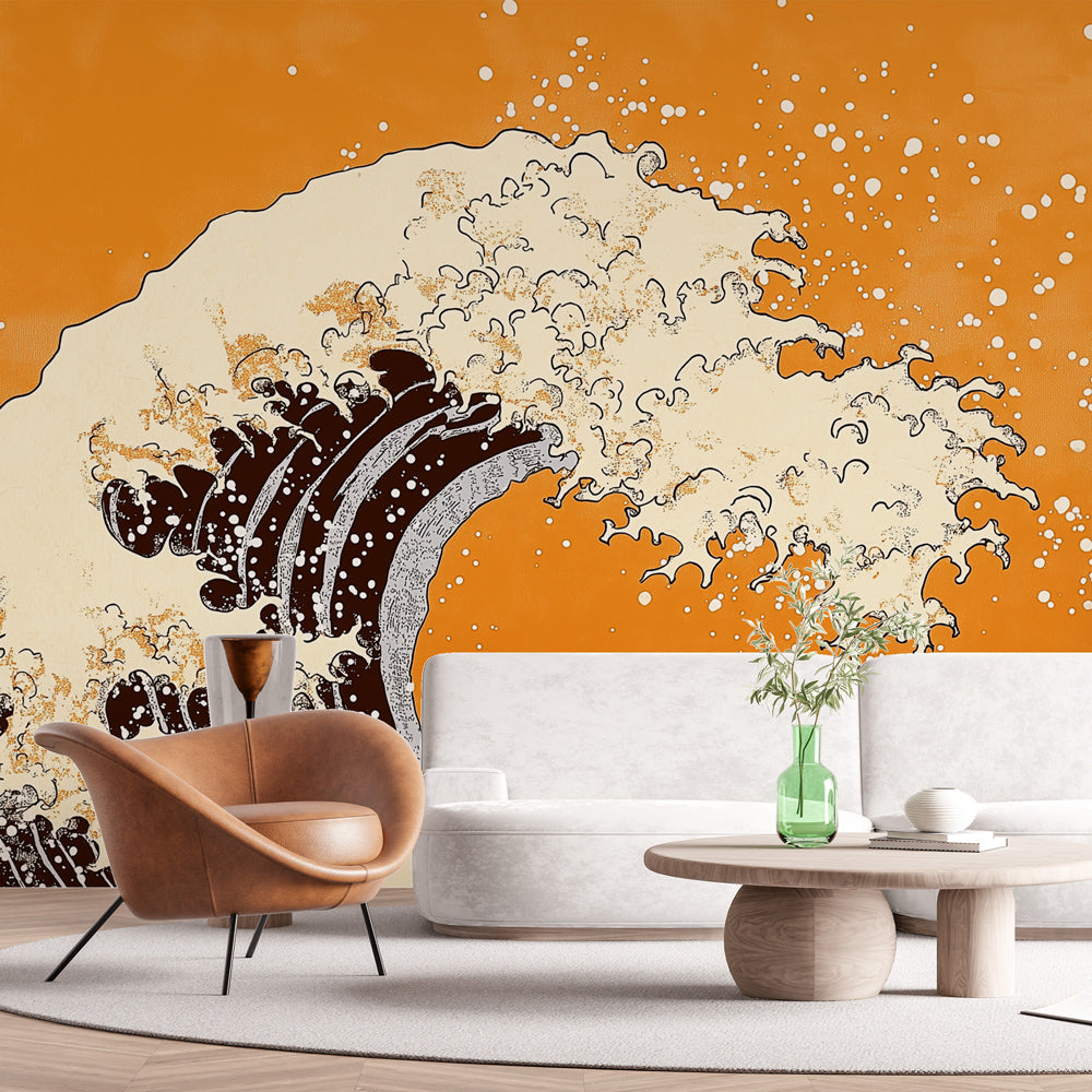 Papier Peint Grande Vague Art Japonais Orange et Noir Autocollant