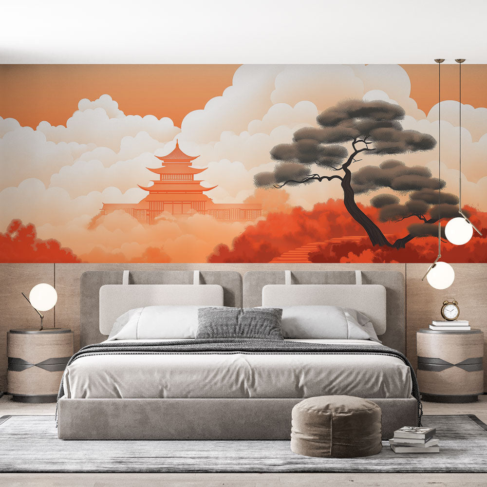 Papier Peint Japonais Pagode et Pin au Coucher du Soleil Autocollant