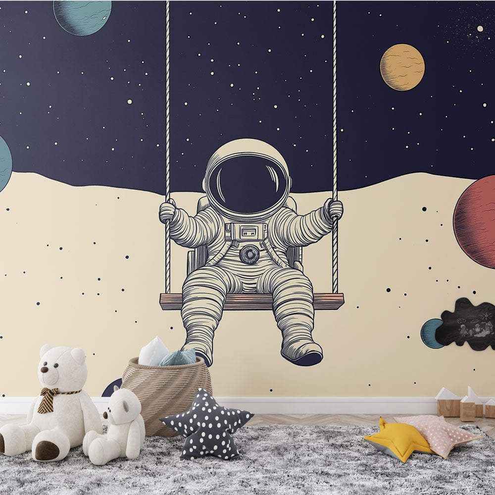 Papier Peint Espace Astronaute sur Balançoire dans lUnivers Autocollant