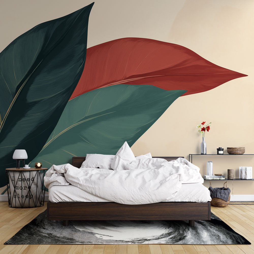 Papier Peint Feuillage Grandes Feuilles Vert et Terracotta Autocollant