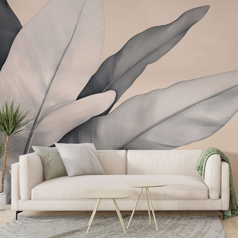 Papier Peint Feuillage Art Botanique Gris et Beige Moderne Autocollant