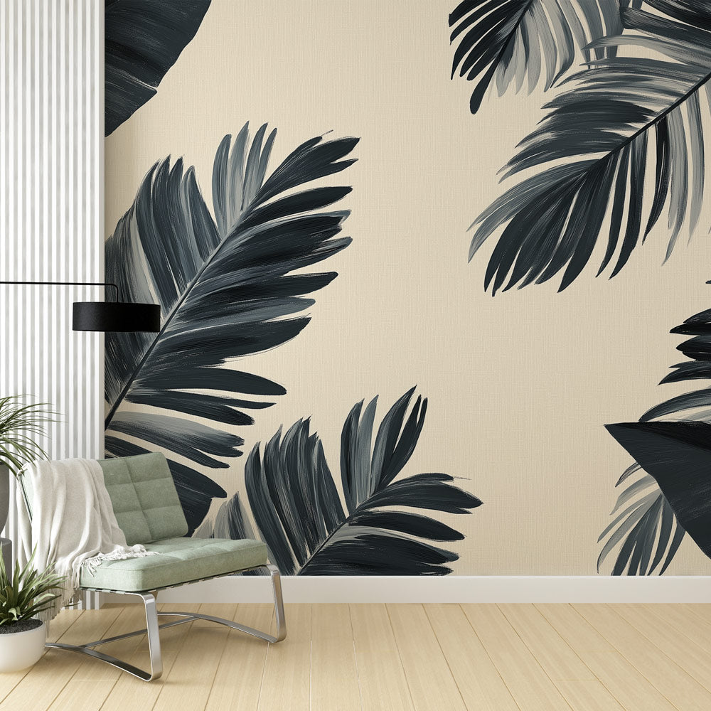 Papier Peint Palmier Feuilles Tropicales Noir et Beige Autocollant