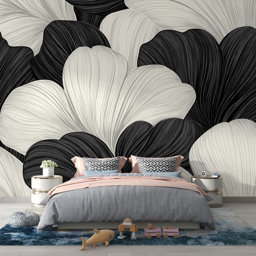 Papier Peint Floral Motif Ginkgo Noir et Blanc Art Déco Autocollant