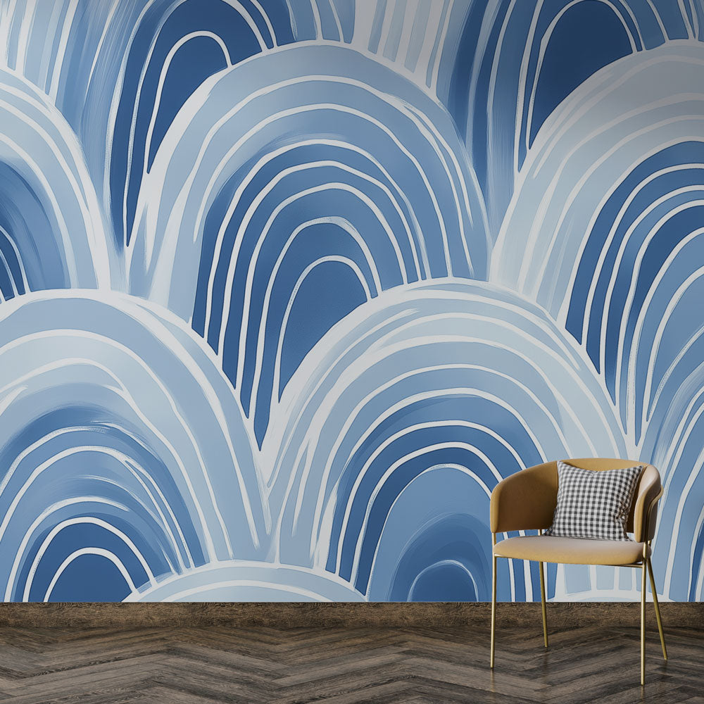 Papier Peint Art Déco Arches Géométriques Bleu et Blanc Autocollant