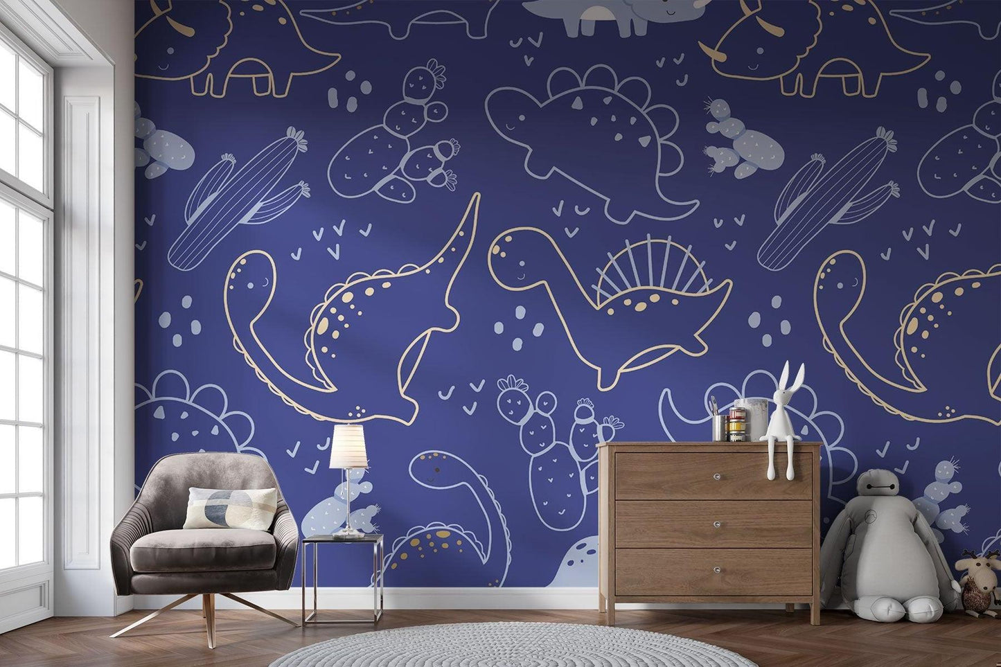 Papier Peint Dinosaure Motif Ligne Art Bleu Marine et Doré Premium