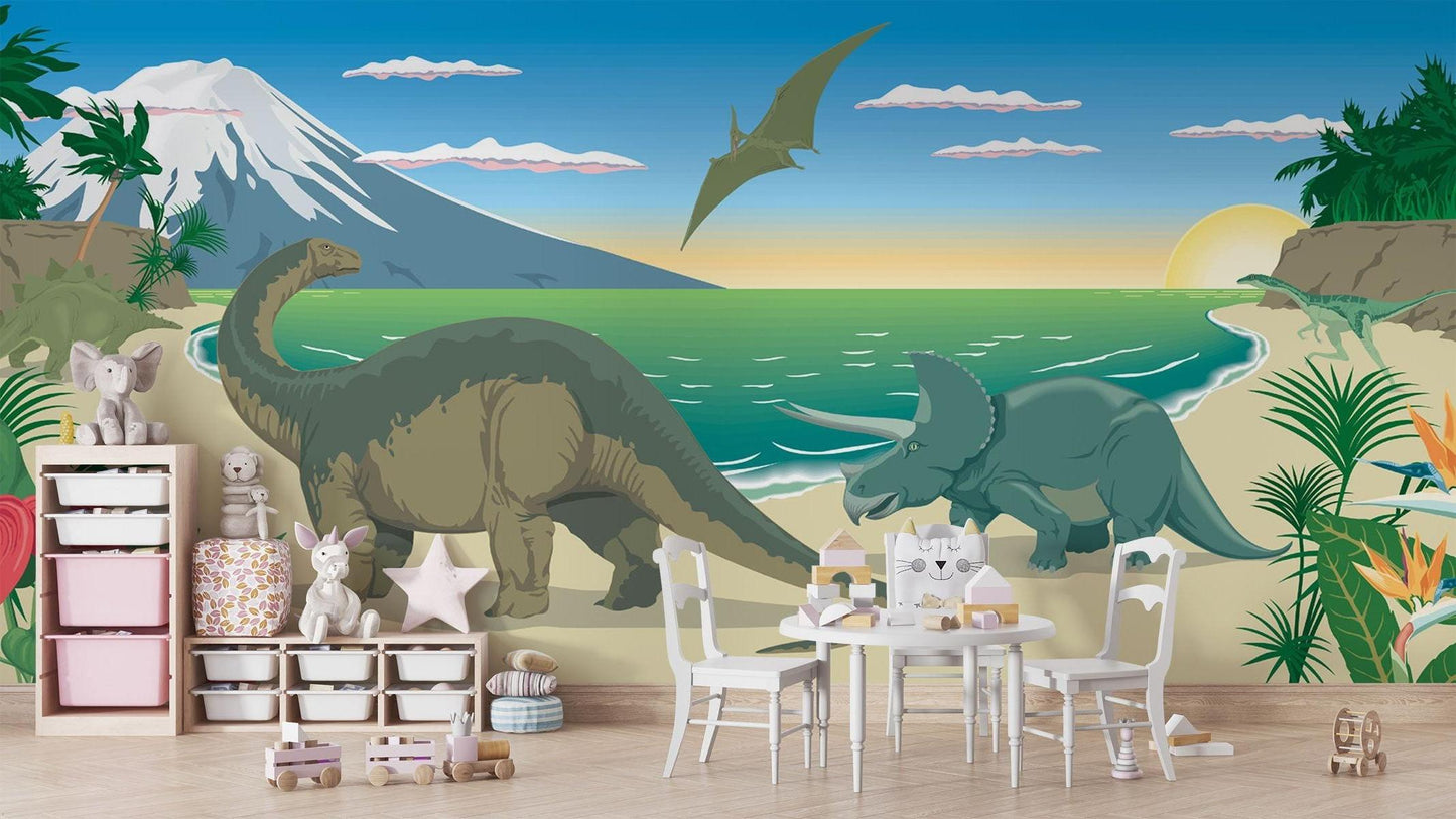 Papier Peint Dinosaure Paysage Préhistorique avec Montagnes et Océan Premium