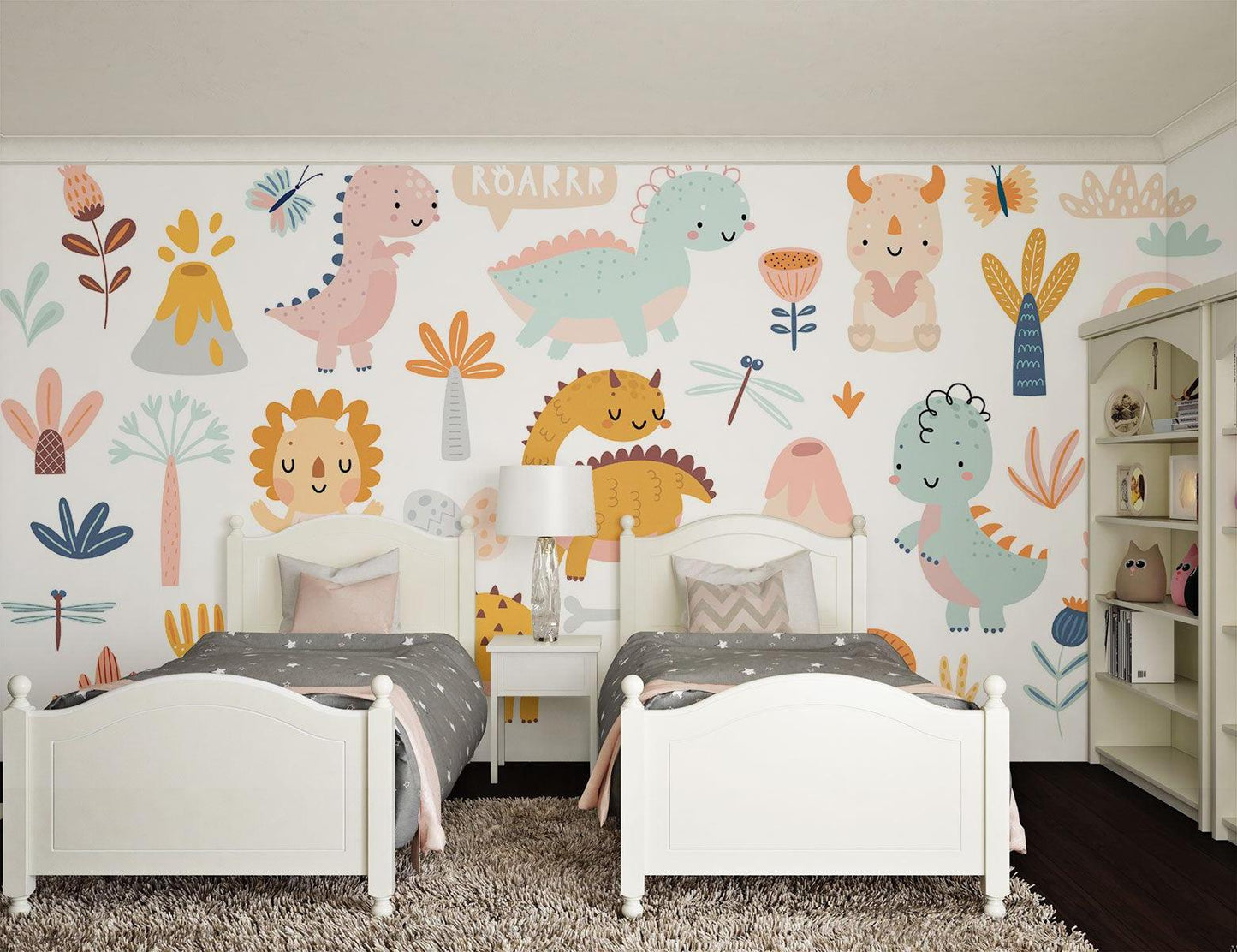Papier Peint Dinosaure Fresque Pastel avec Motifs Nature Premium