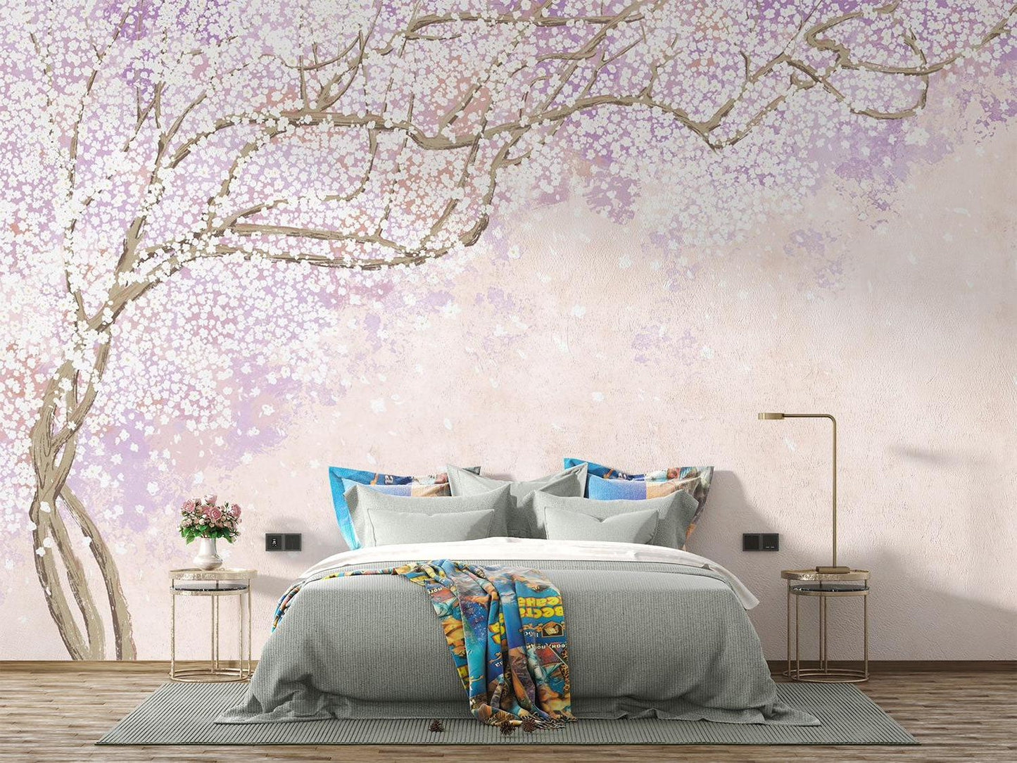 Papier Peint Cerisier Japonais Branches de Sakura Rose et Lavande Premium