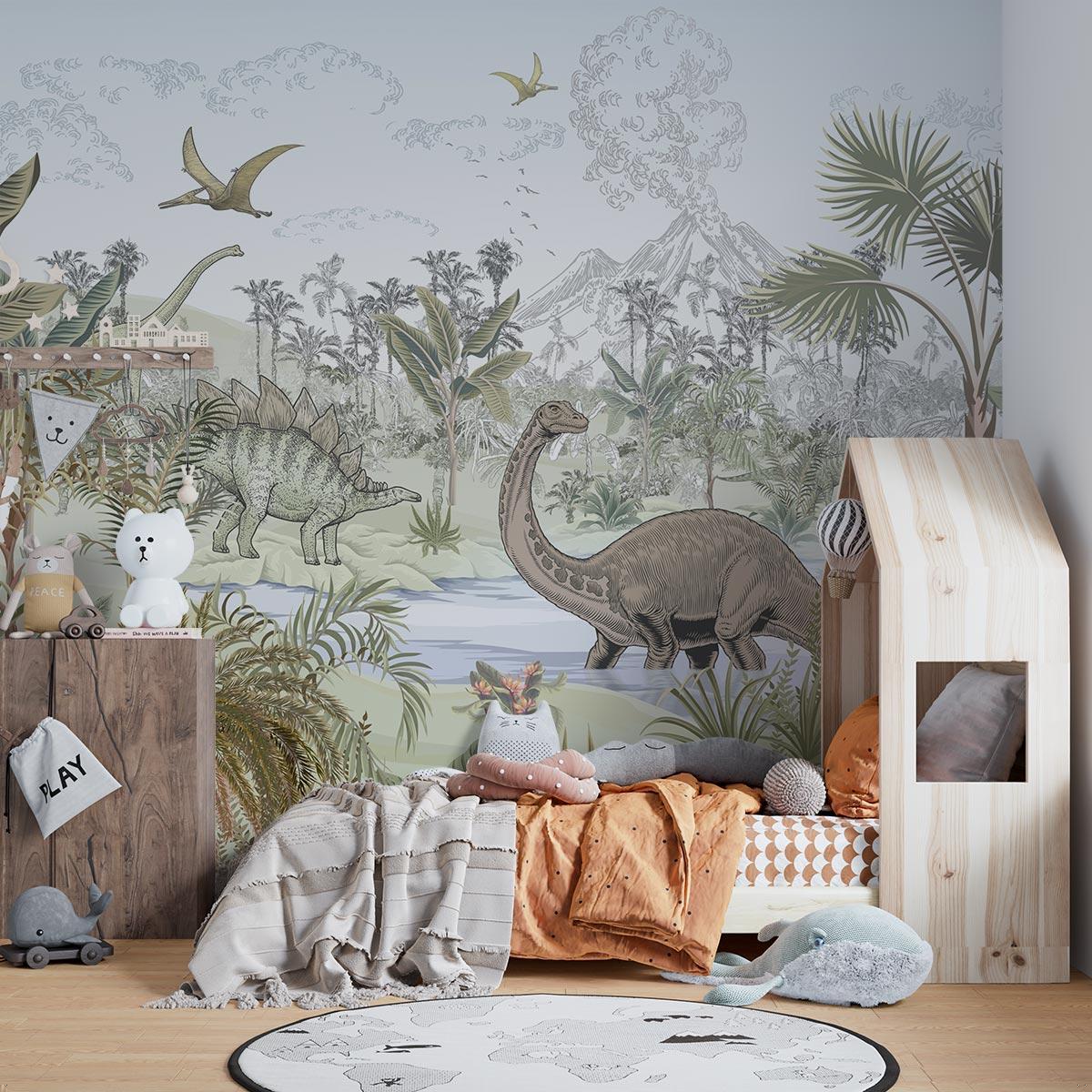 Papier Peint Dinosaure Scène Préhistorique Tropicale avec Volcans Premium