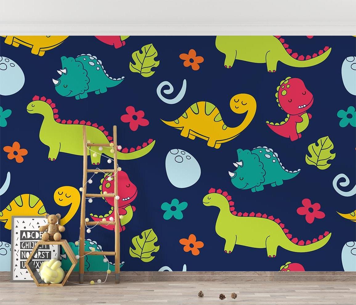Papier Peint Dinosaure Motifs Colorés sur Fond Bleu Marine Premium