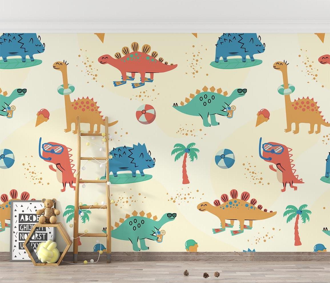 Papier Peint Dinosaure Aventure Estivale et Palmiers Tropicaux Premium