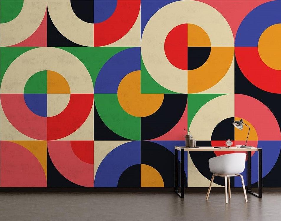 Papier Peint Géométrique Cercles Bauhaus Multicolores Premium