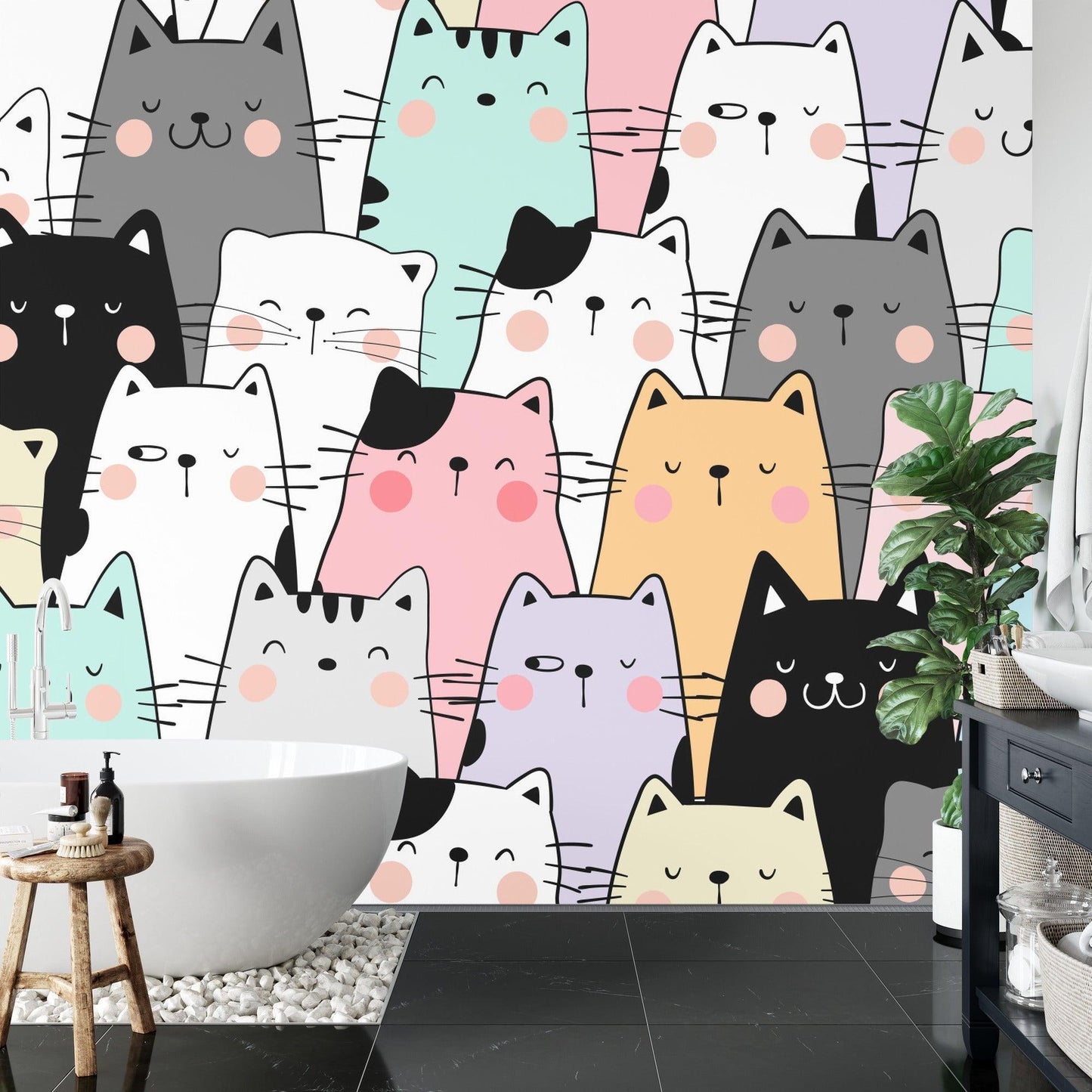 Papier Peint Chats Design Kawaii Pastel avec Minois Mignons Premium