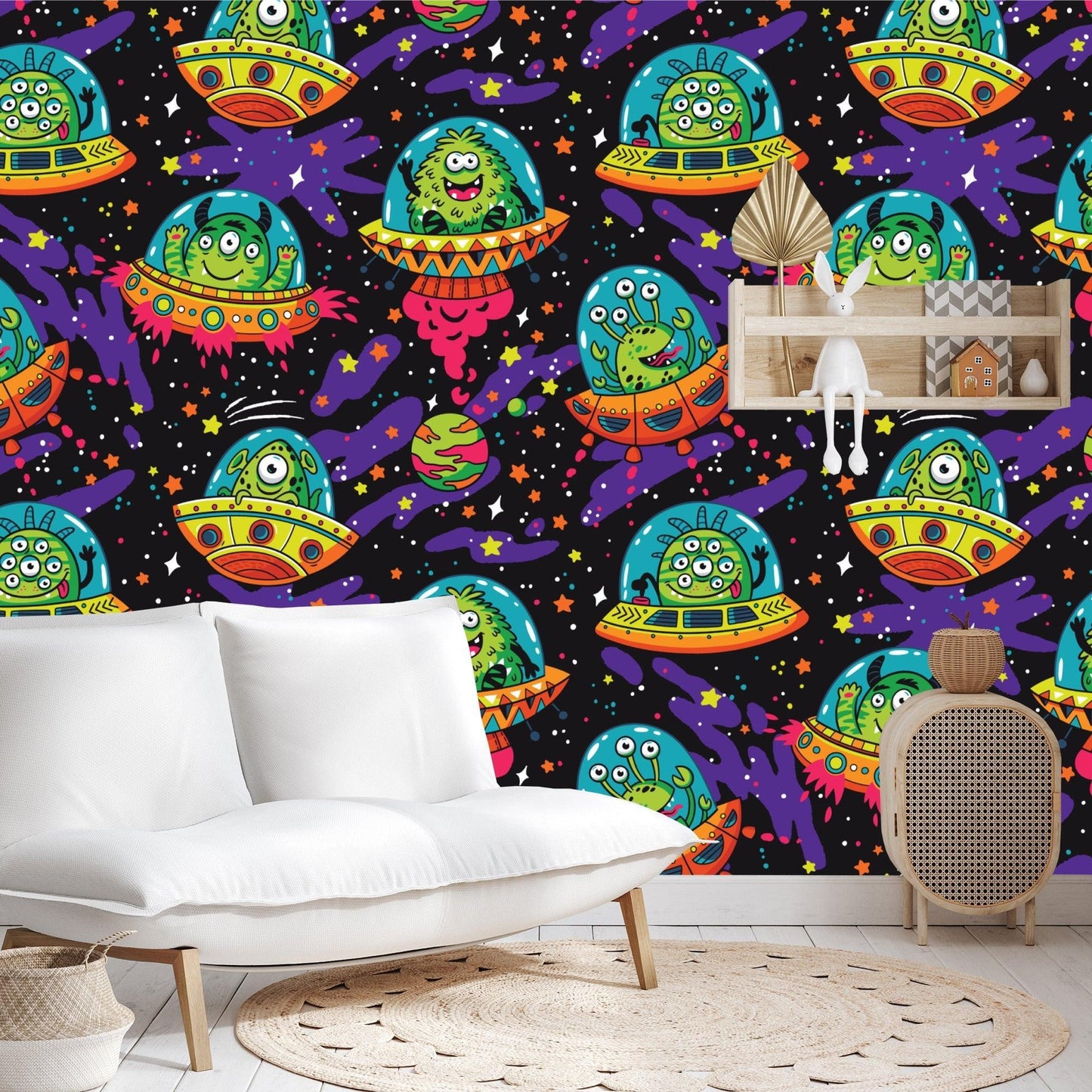 Papier Peint Espace Aliens et OVNI Colorés dans la Galaxie Premium