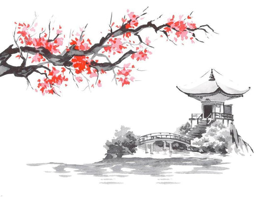 Papier Peint Japonais Cerisiers en Fleurs et Temple Traditionnel