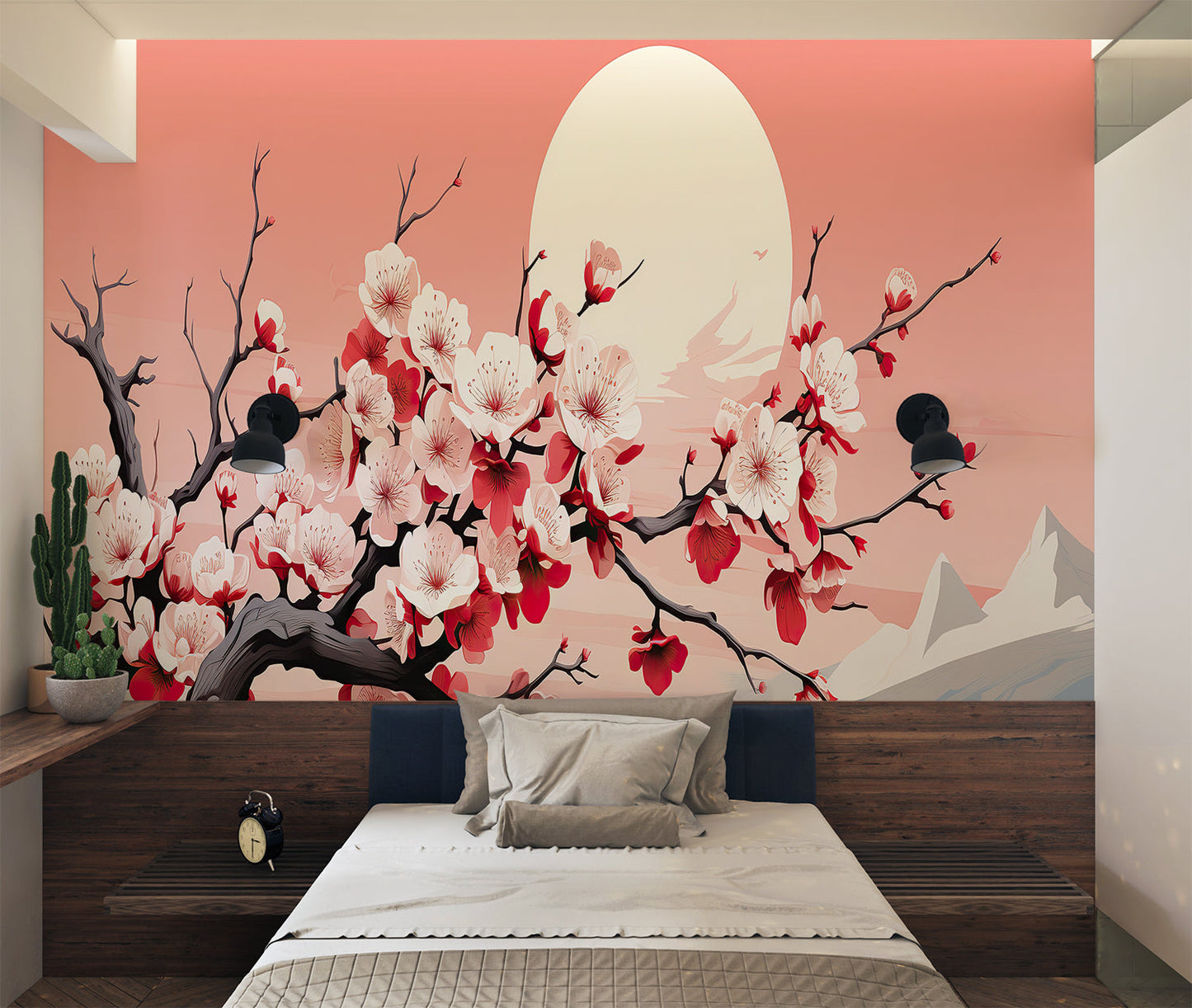 Papier Peint Japonais Cerisiers en Fleurs et Pleine Lune Rose Premium