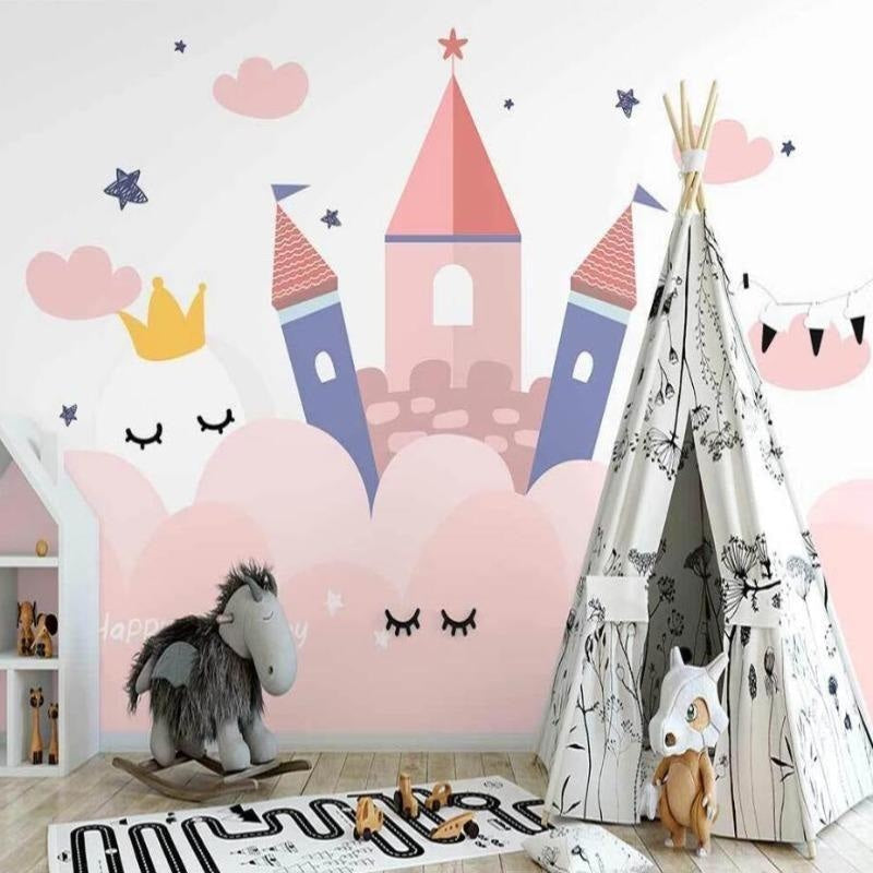 Papier Peint Château de Princesse Design Féérique Rose et Bleu Premium
