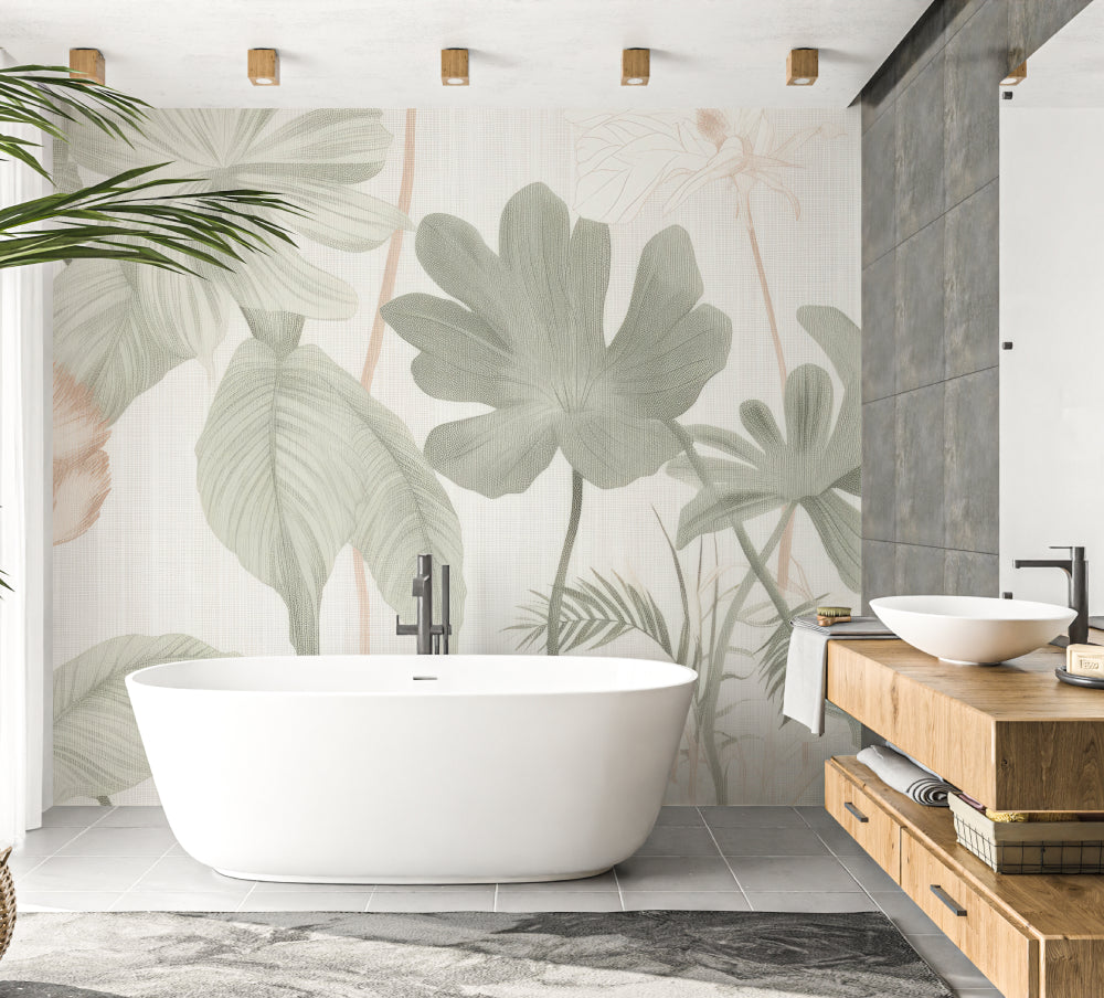 Papier Peint Feuillage Monstera et Palmiers Tons Vert Sauge Premium
