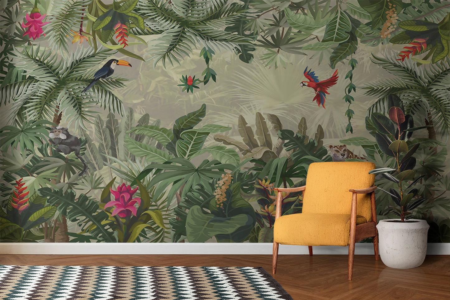 Papier Peint Jungle Tropicale Oiseaux Exotiques et Fleurs Sauvages Premium