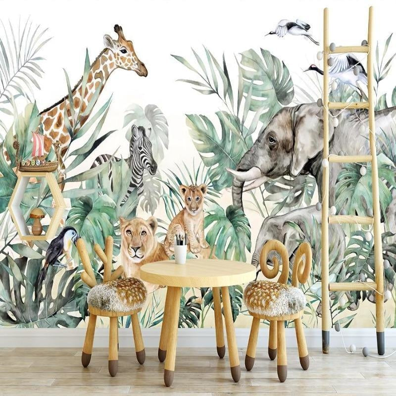 Papier Peint Safari Fresque Aquarelle Animaux et Feuillages Tropicaux Premium