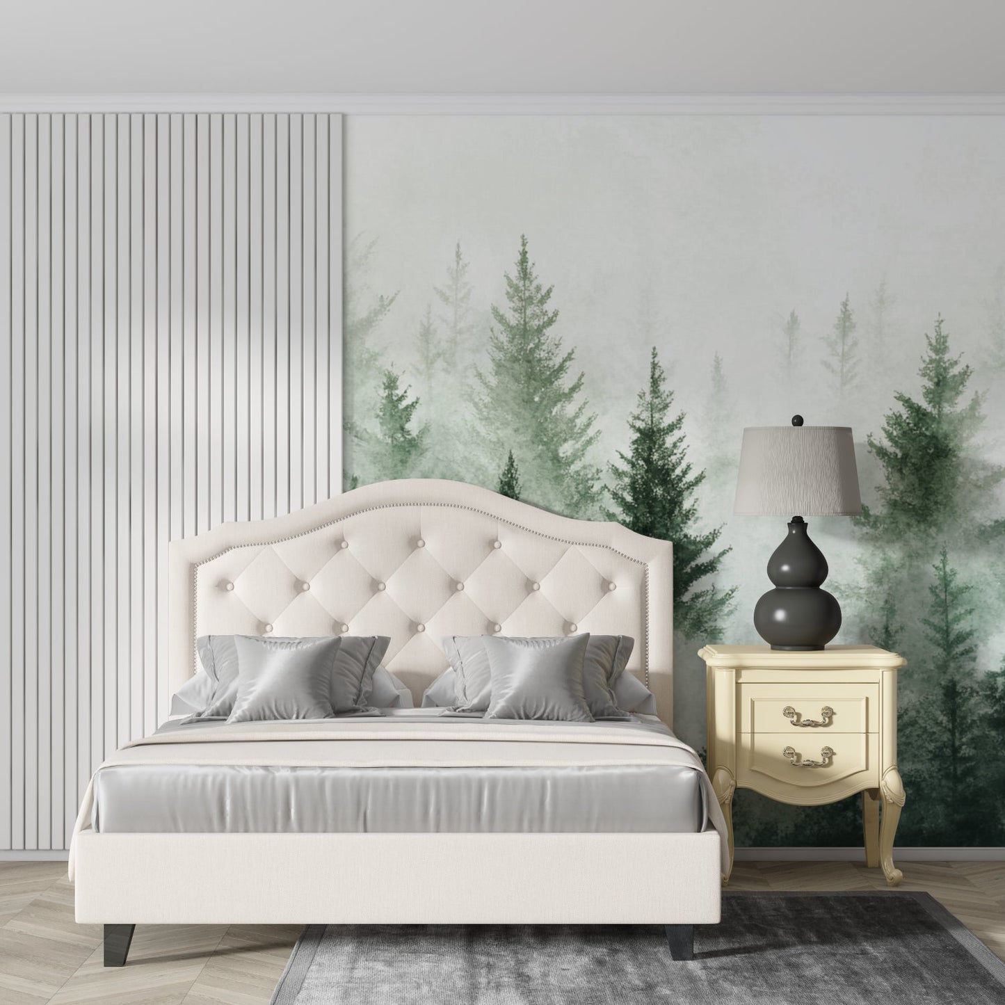 Papier Peint Forêt Pins dans la Brume Aquarelle Premium