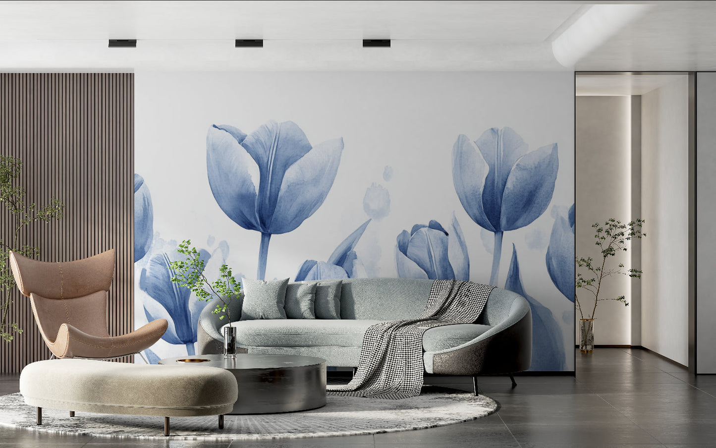 Papier Peint Tulipes Aquarelle Florale Bleu Azur Premium