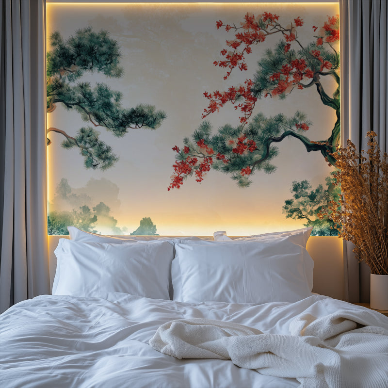 Papier Peint Japonais Pin et Cerisier en Fleurs Style Asiatique Premium