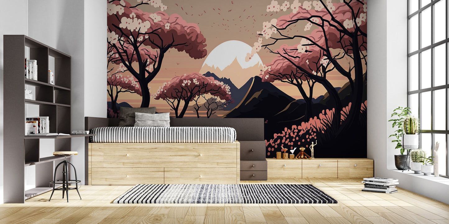 Papier Peint Japonais Cerisiers en Fleurs et Mont Enneigé au Coucher du Soleil Premium